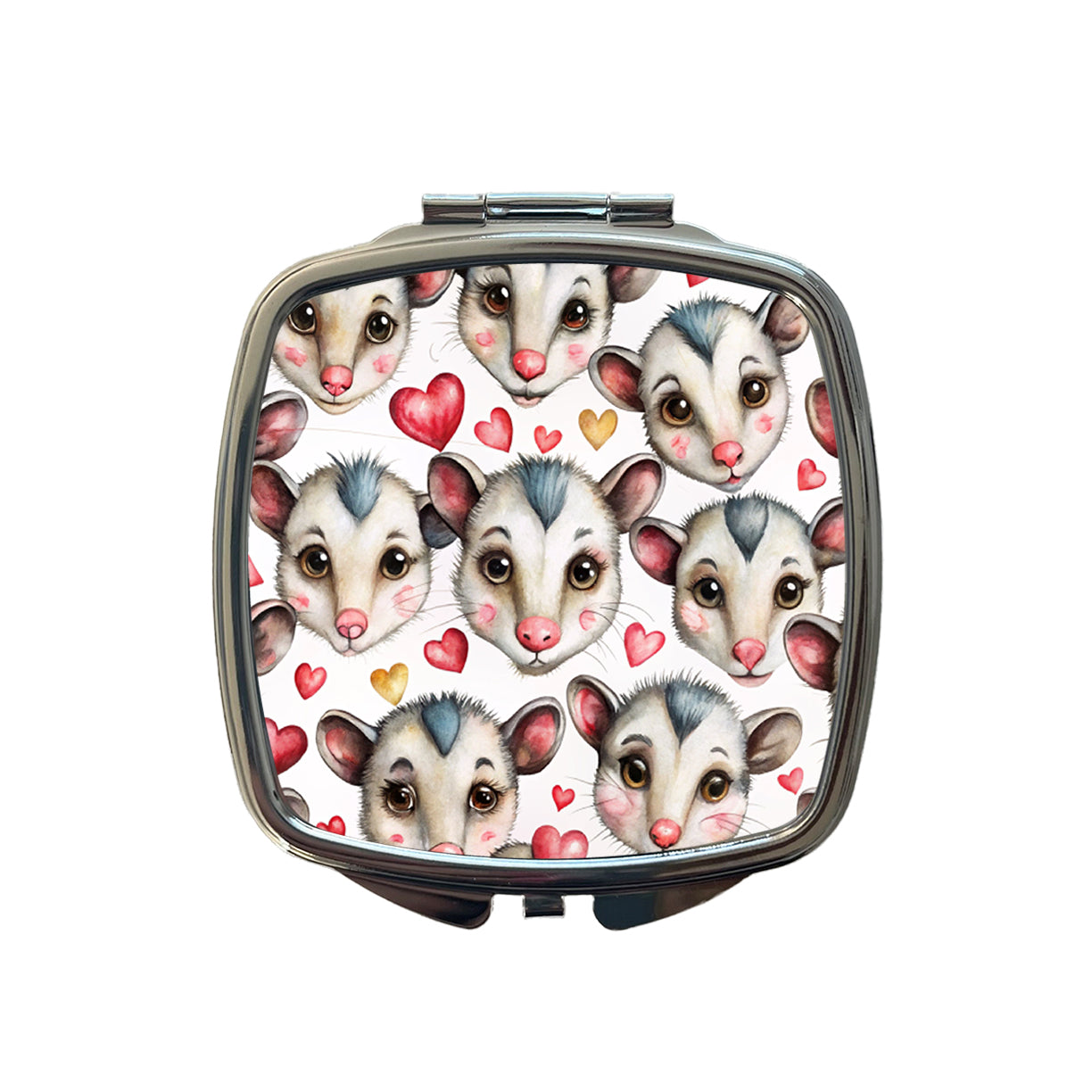 Cute Possum Faces Hearts Watercolor Small Travel Purse Handbag Pocket Makeup Compact Mirror
