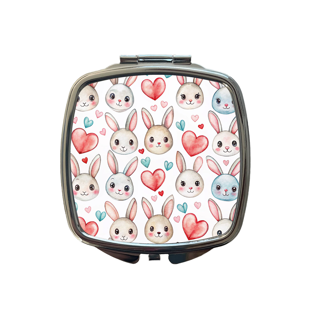 Cute Rabbit Bunny Faces Hearts Easter Small Travel Purse Handbag Pocket Makeup Compact Mirror