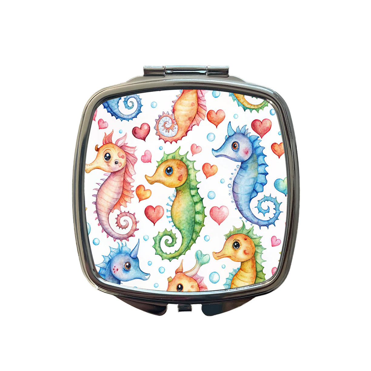 Cute Seahorses Hearts Watercolor Small Travel Purse Handbag Pocket Makeup Compact Mirror