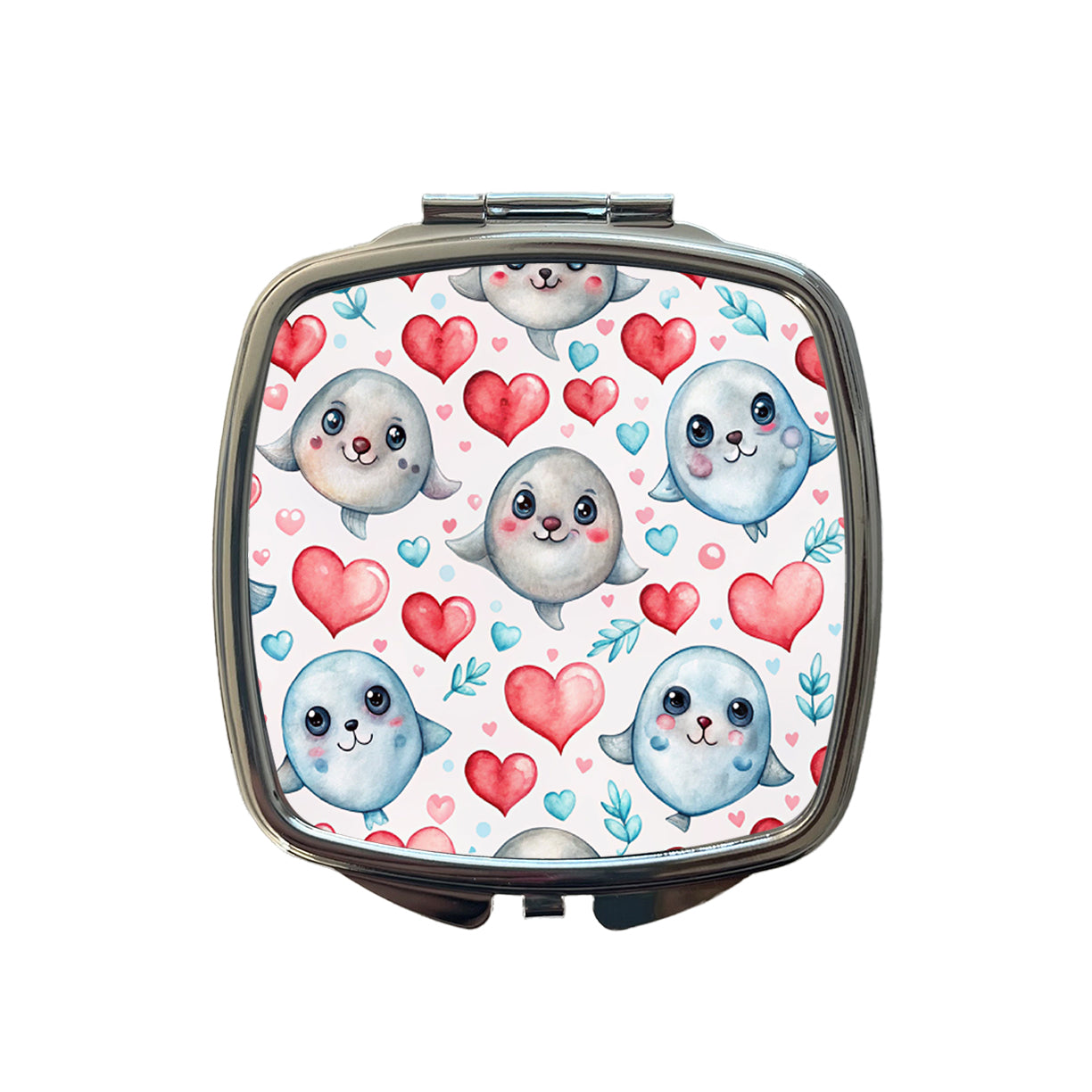 Cute Seals Hearts Watercolor Small Travel Purse Handbag Pocket Makeup Compact Mirror