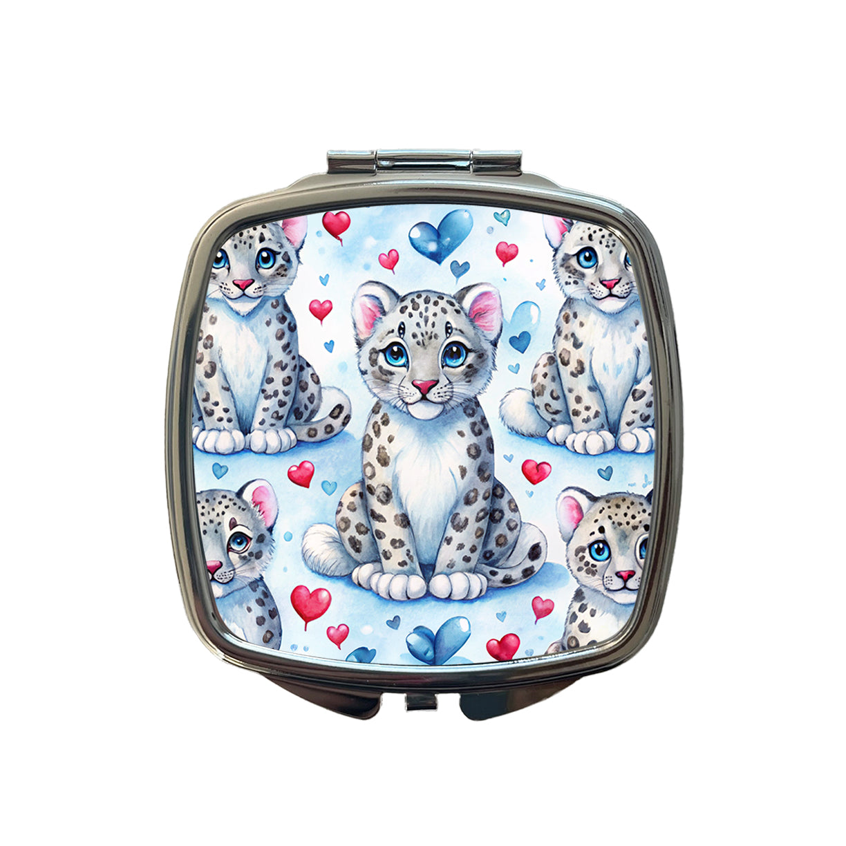 Cute Snow Leopard Hearts Watercolor Small Travel Purse Handbag Pocket Makeup Compact Mirror