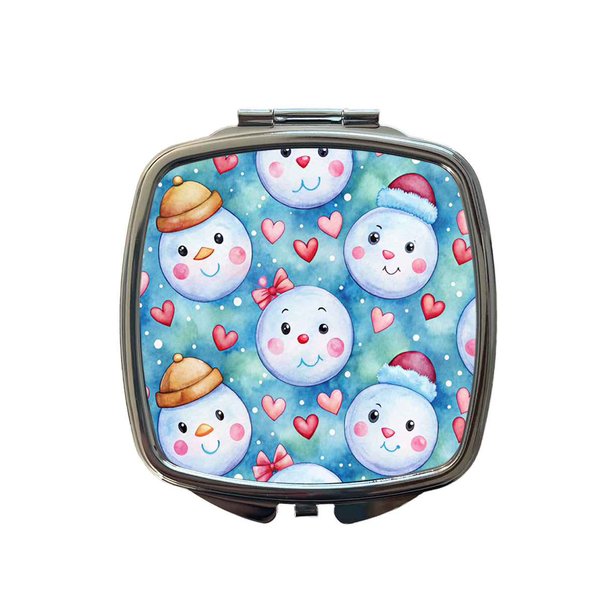 Cute Snowman Faces Hearts Winter Small Travel Purse Handbag Pocket Makeup Compact Mirror
