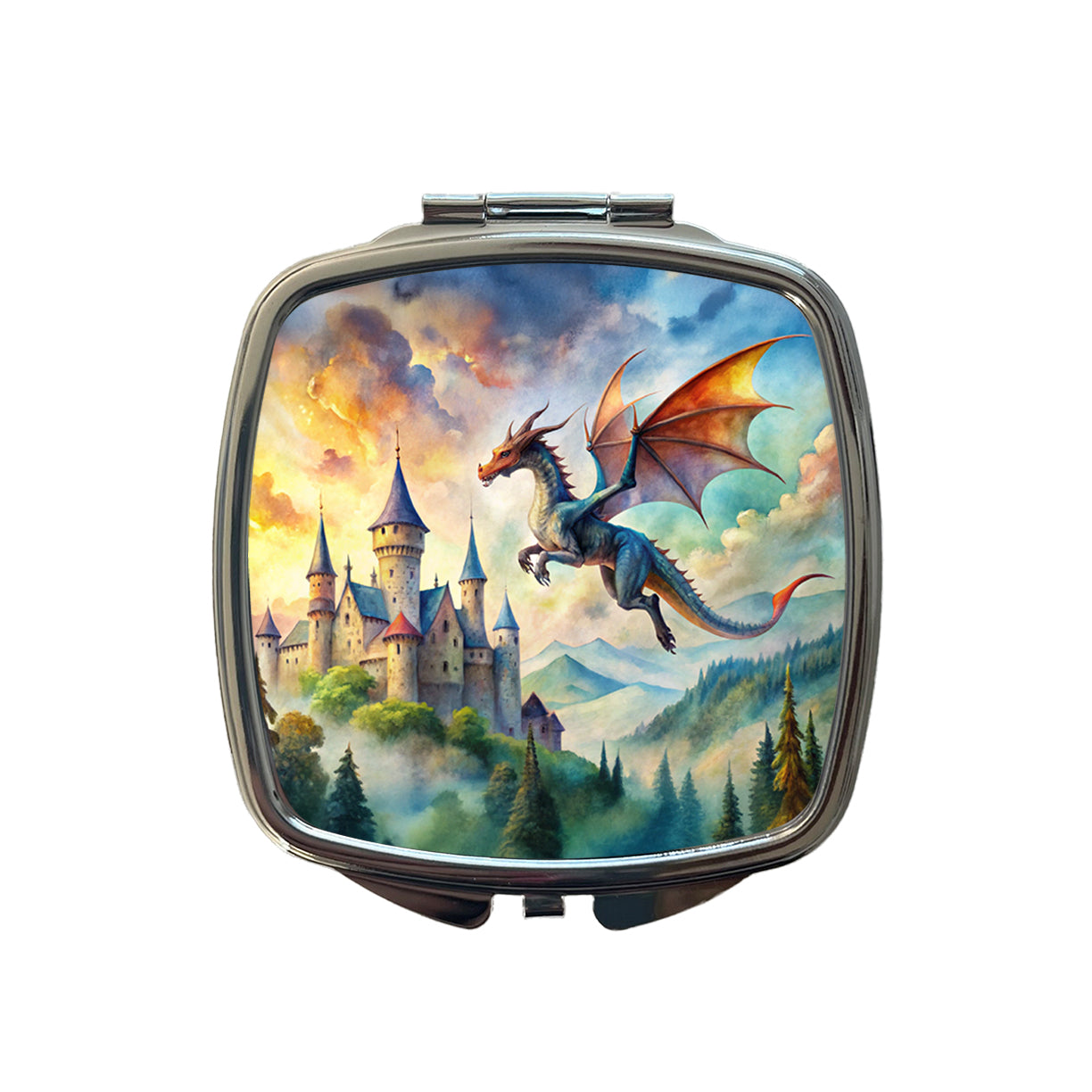 Dragon Flying Over Castle Watercolor Fantasy Small Travel Purse Handbag Pocket Makeup Compact Mirror
