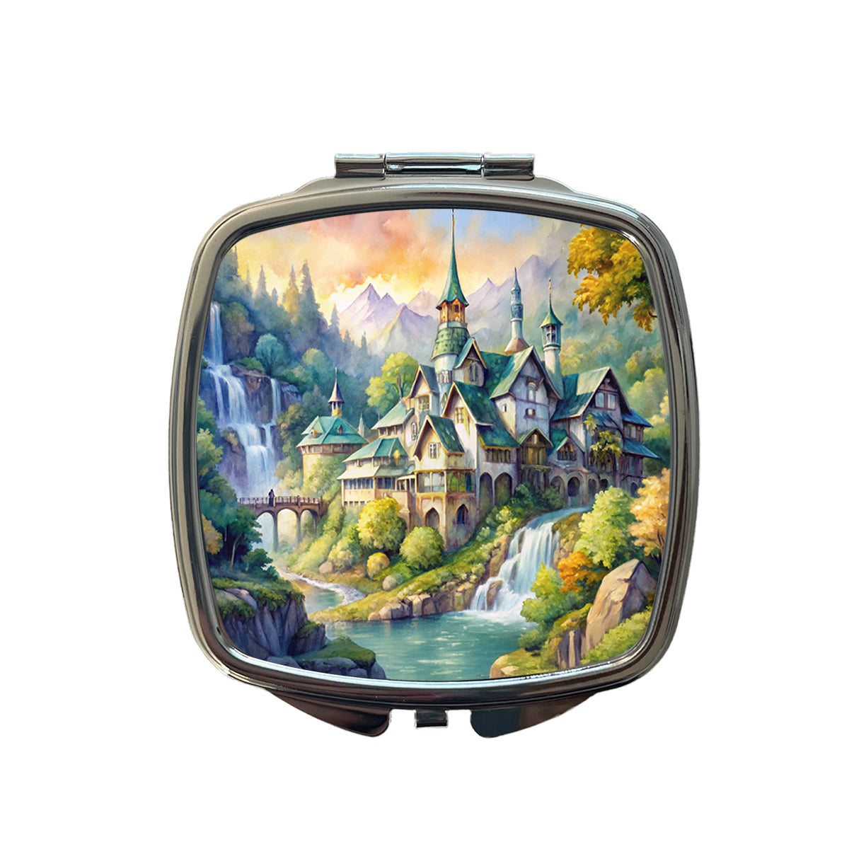 Elvish Elven Castle Fantasy Beautiful Watercolor Small Travel Purse Handbag Pocket Makeup Compact Mirror