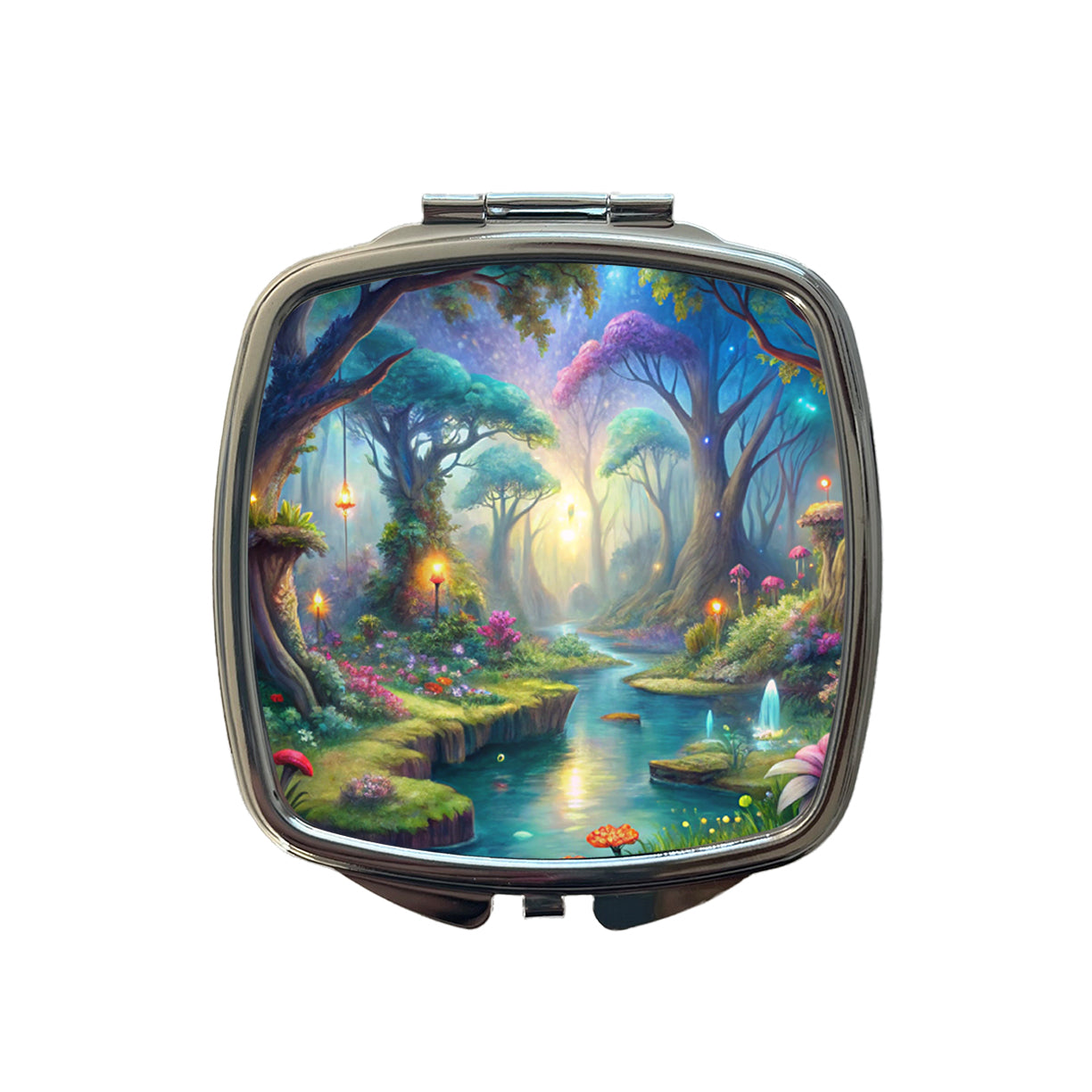 Fairy Forest Trees Fantasy Watercolor Design Small Travel Purse Handbag Pocket Makeup Compact Mirror