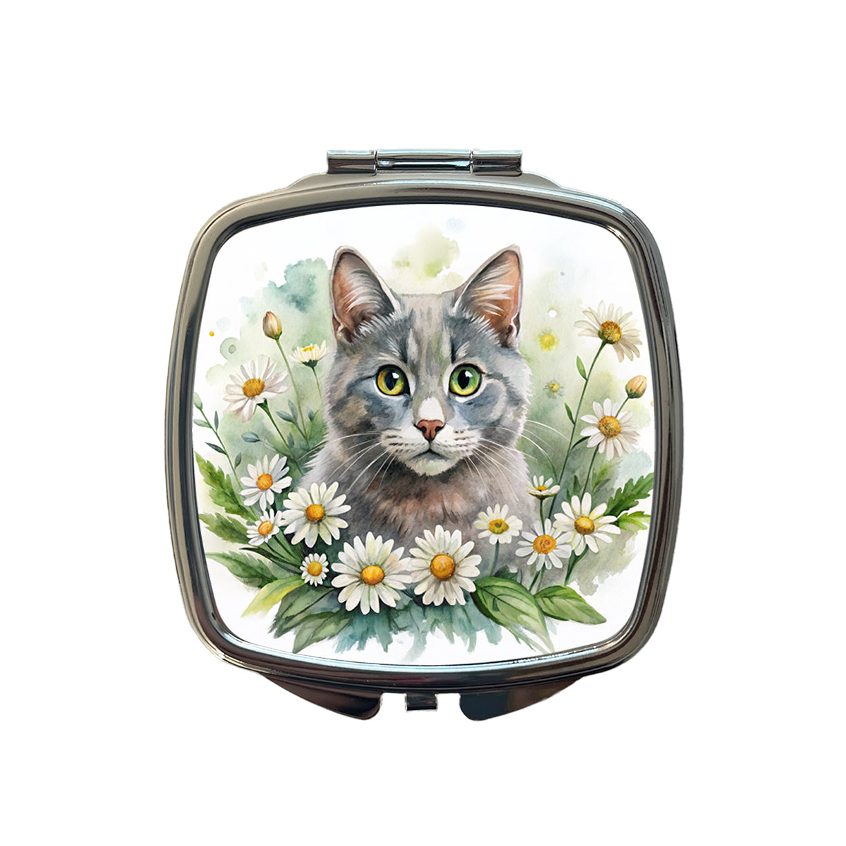 Gray Cat Watercolor Design With Daisies Small Travel Purse Handbag Pocket Makeup Compact Mirror