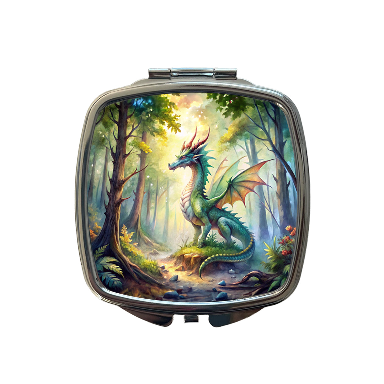 Green Dragon In Forest Watercolor Fantasy Small Travel Purse Handbag Pocket Makeup Compact Mirror