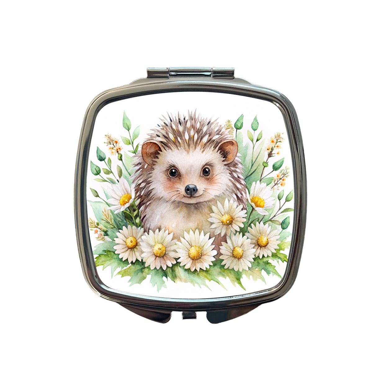 Hedgehog Watercolor Design With Daisies Small Travel Purse Handbag Pocket Makeup Compact Mirror