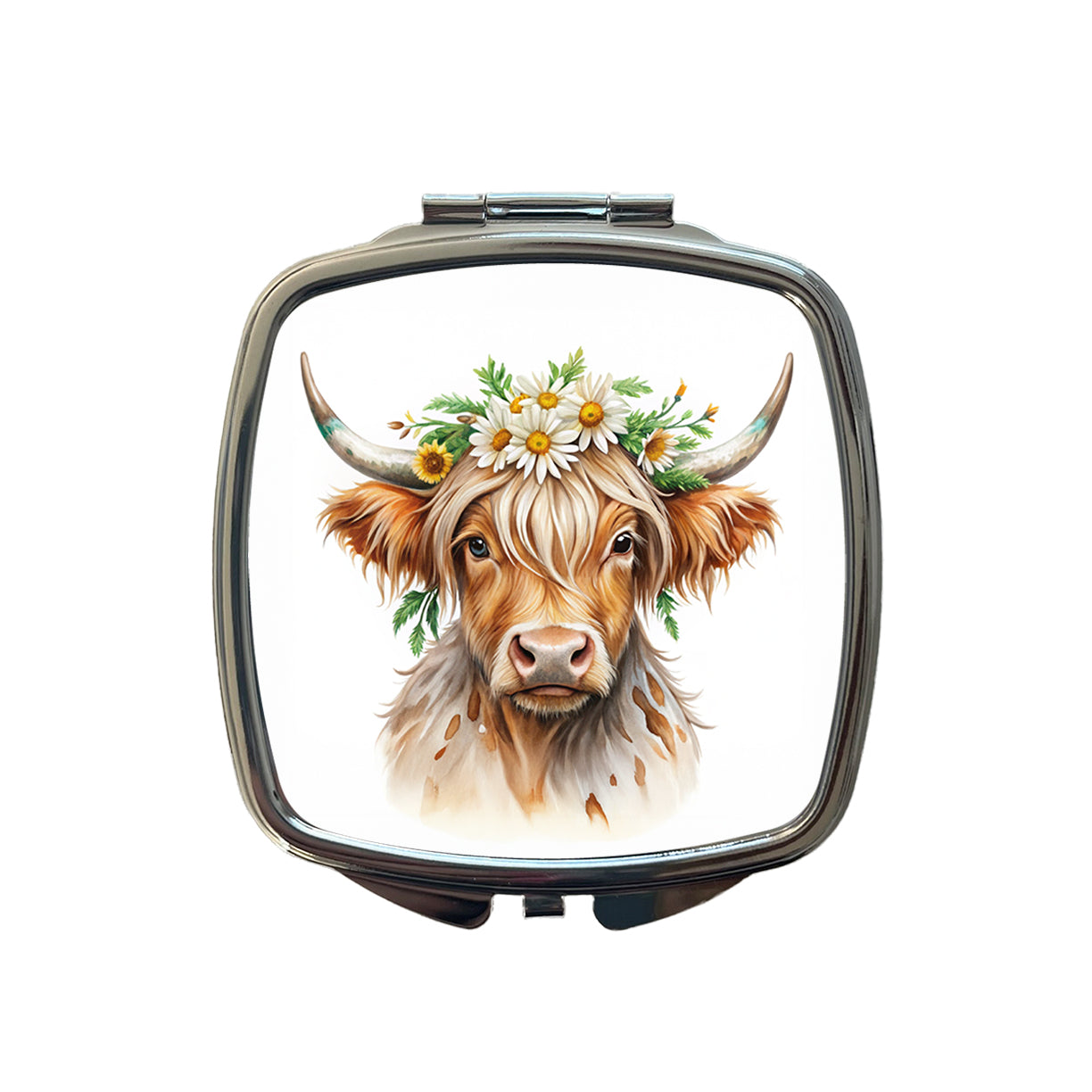 Highland Cow Watercolor Design With Daisies Small Travel Purse Handbag Pocket Makeup Compact Mirror