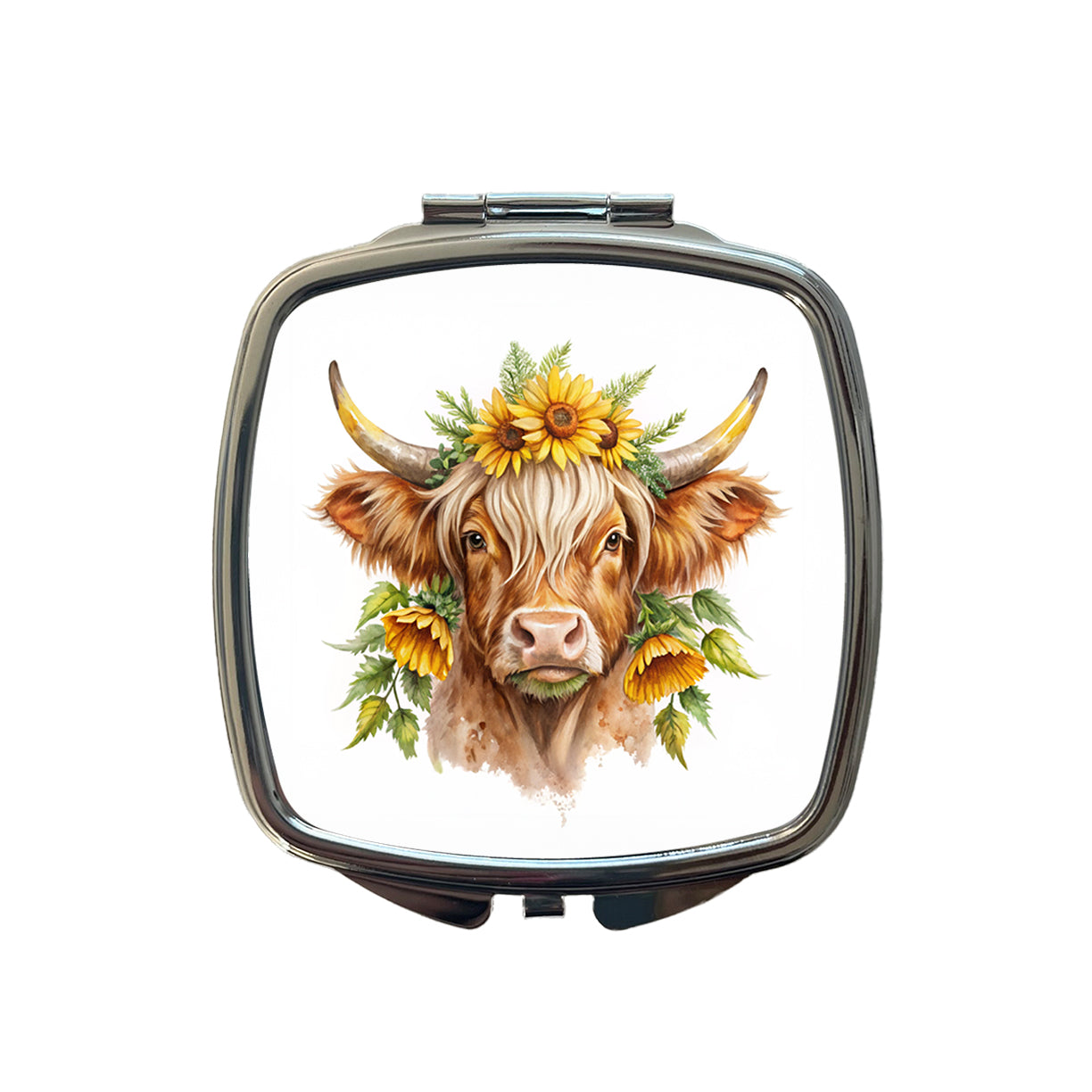 Highland Cow Watercolor Design With Sunflowers Small Travel Purse Handbag Pocket Makeup Compact Mirror