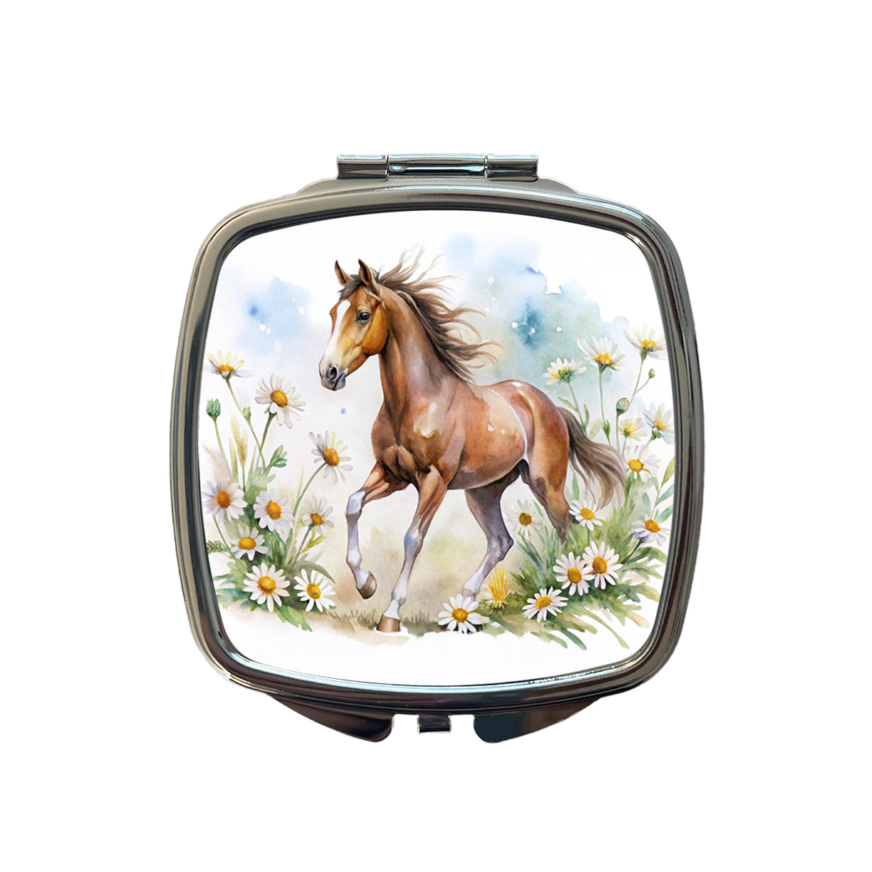 Horse Watercolor Design With Daisies Small Travel Purse Handbag Pocket Makeup Compact Mirror