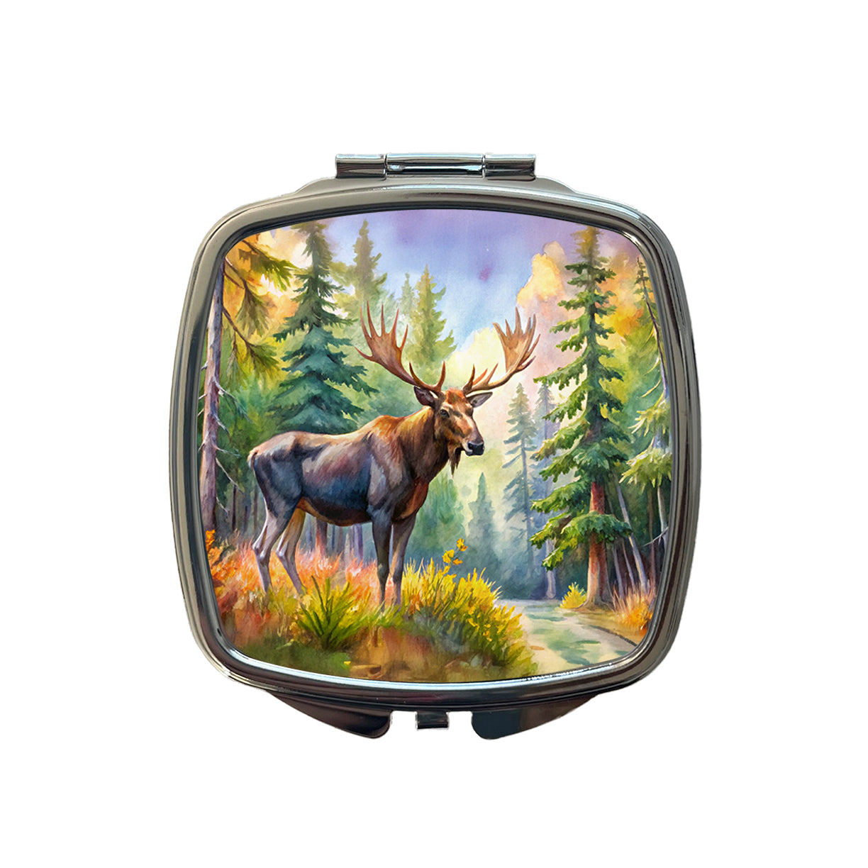 Moose In Forest Watercolor Small Travel Purse Handbag Pocket Makeup Compact Mirror