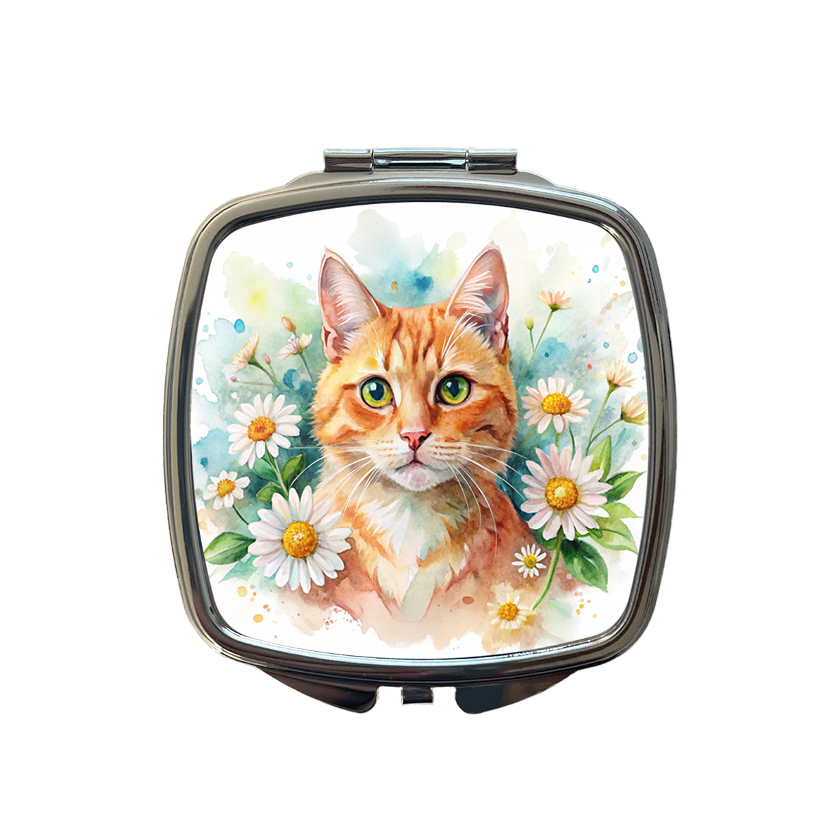 Orange Cat Watercolor Design With Daisies Small Travel Purse Handbag Pocket Makeup Compact Mirror