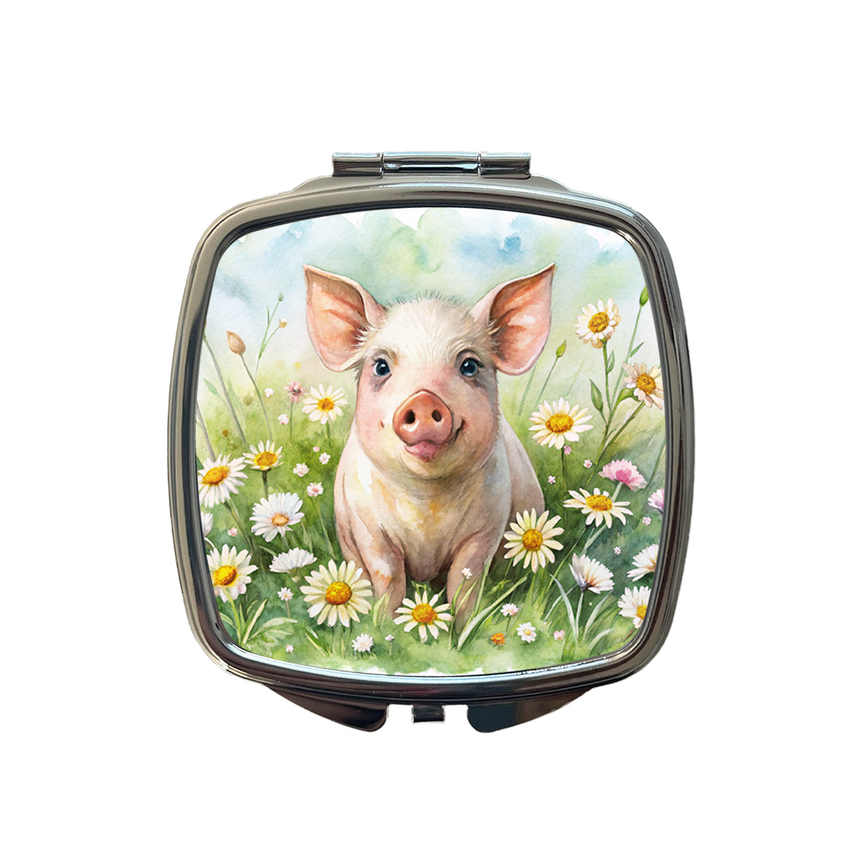 Pig In Daisies Watercolor Design Small Travel Purse Handbag Pocket Makeup Compact Mirror