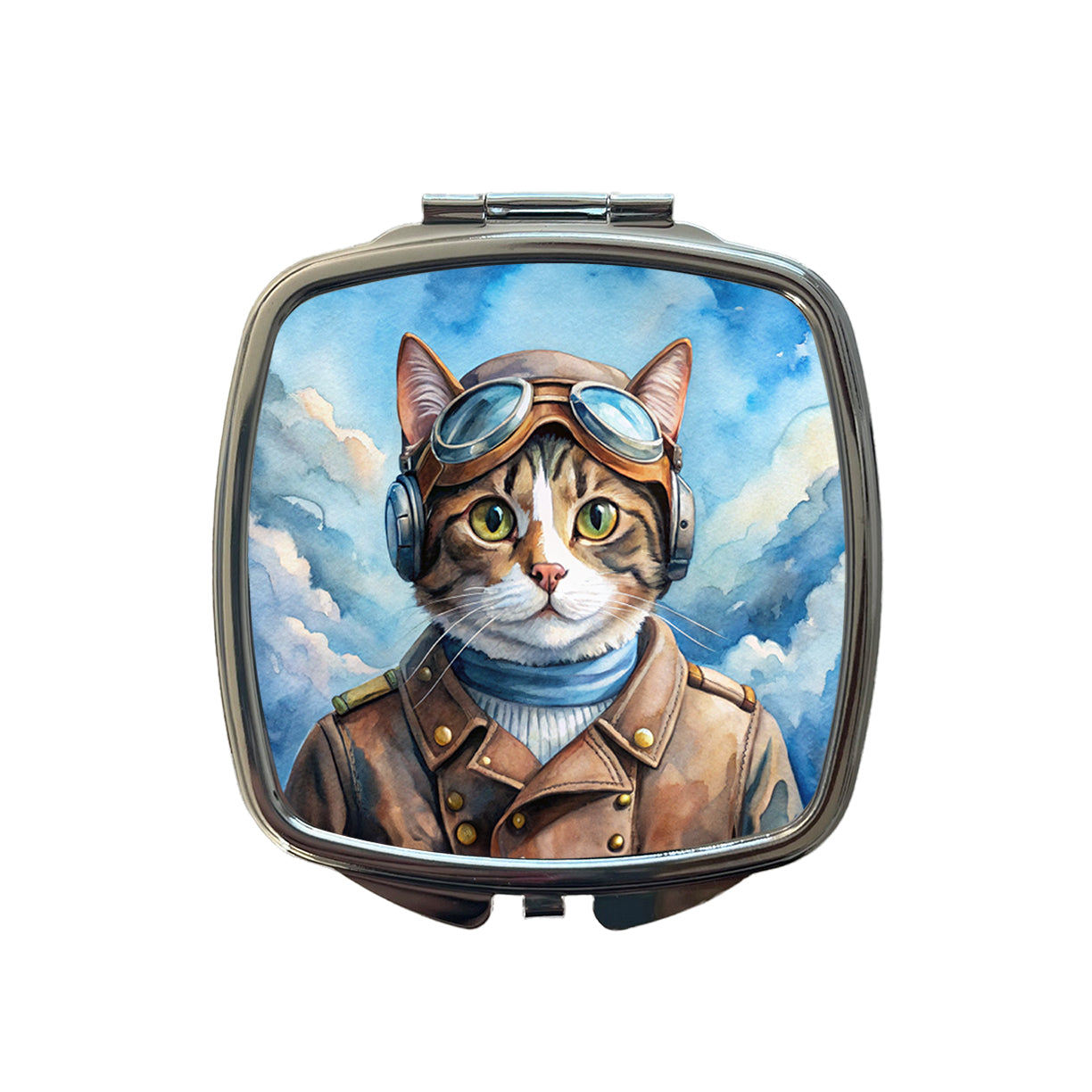 Pilot Cat Watercolor Small Travel Purse Handbag Pocket Makeup Compact Mirror