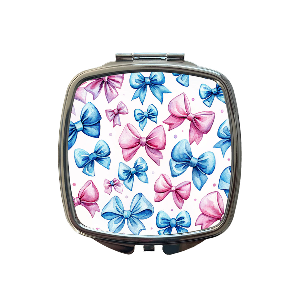 Pink Blue Scattered Coquette Bows Watercolor Small Travel Purse Handbag Pocket Makeup Compact Mirror