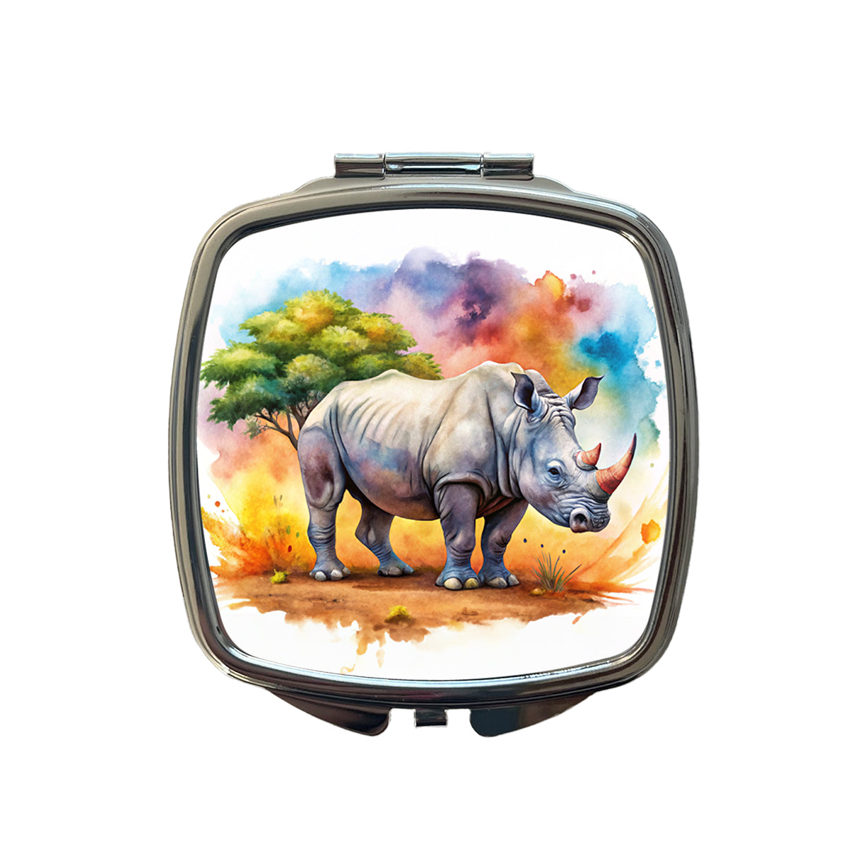 Rhinoceros African Plain Watercolor Design Small Travel Purse Handbag Pocket Makeup Compact Mirror