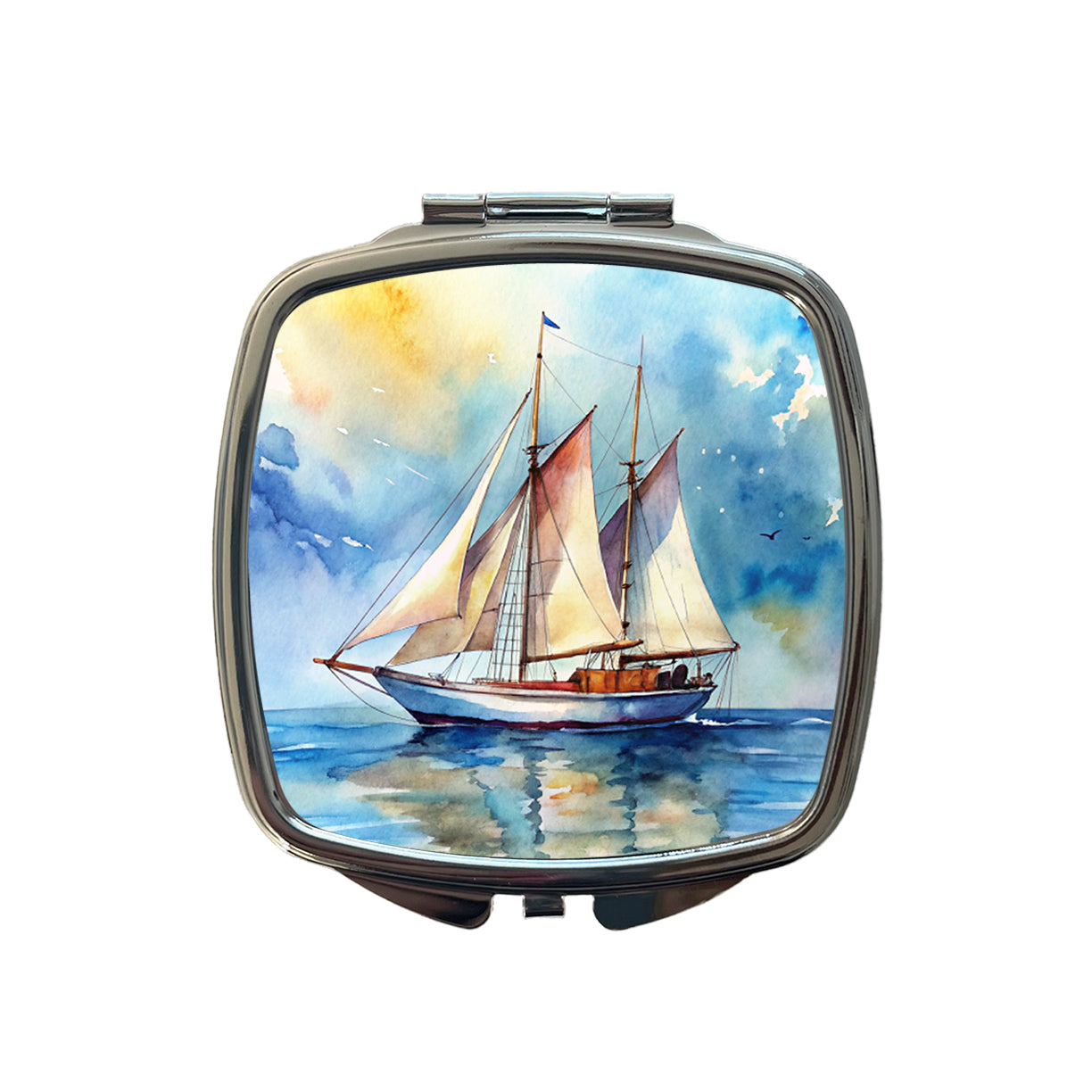 Sailboat At Sea Watercolor Design Small Travel Purse Handbag Pocket Makeup Compact Mirror