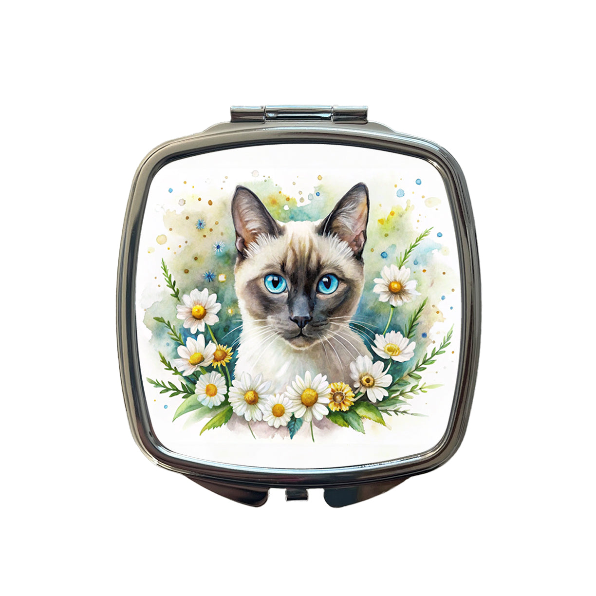 Siamese Cat Watercolor Design With Daisies Small Travel Purse Handbag Pocket Makeup Compact Mirror