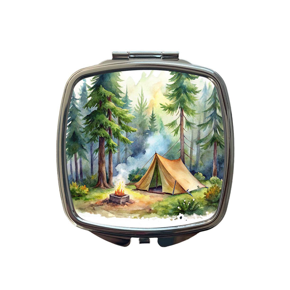 Solo Camping In Forest Watercolor Design Small Travel Purse Handbag Pocket Makeup Compact Mirror