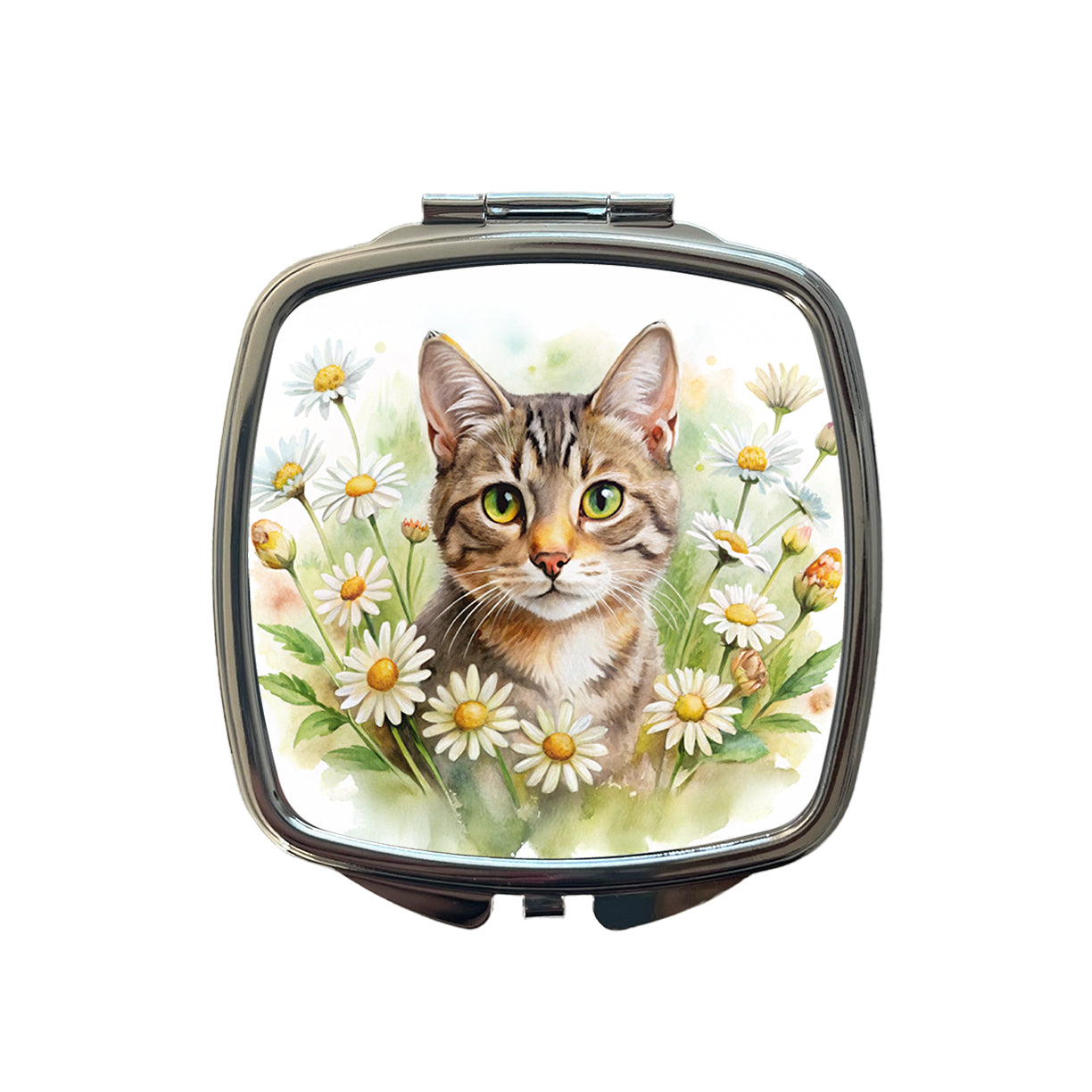 Tabby Cat Watercolor Design With Daisies Small Travel Purse Handbag Pocket Makeup Compact Mirror