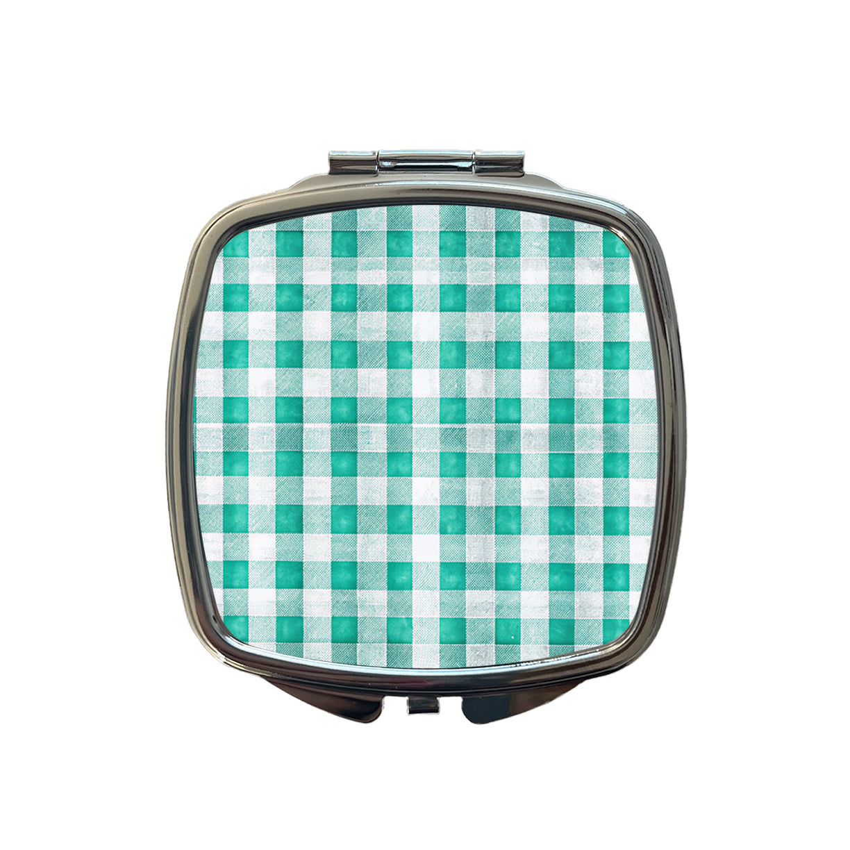 Teal White Gingham Watercolor Small Travel Purse Handbag Pocket Makeup Compact Mirror