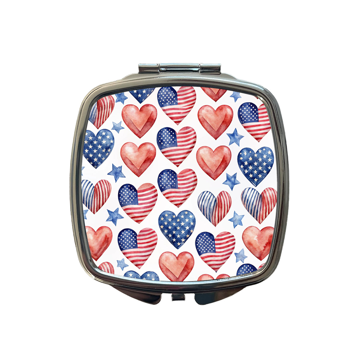 USA American Flags Hearts 4th of July Patriotic Watercolor Small Travel Purse Handbag Pocket Makeup Compact Mirror