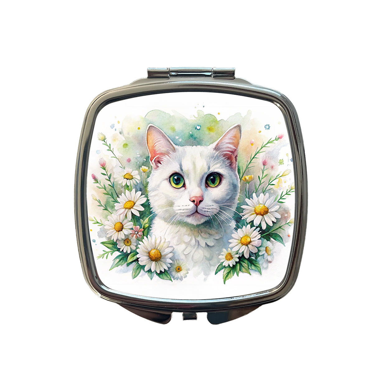 White Cat Watercolor Design With Daisies Small Travel Purse Handbag Pocket Makeup Compact Mirror
