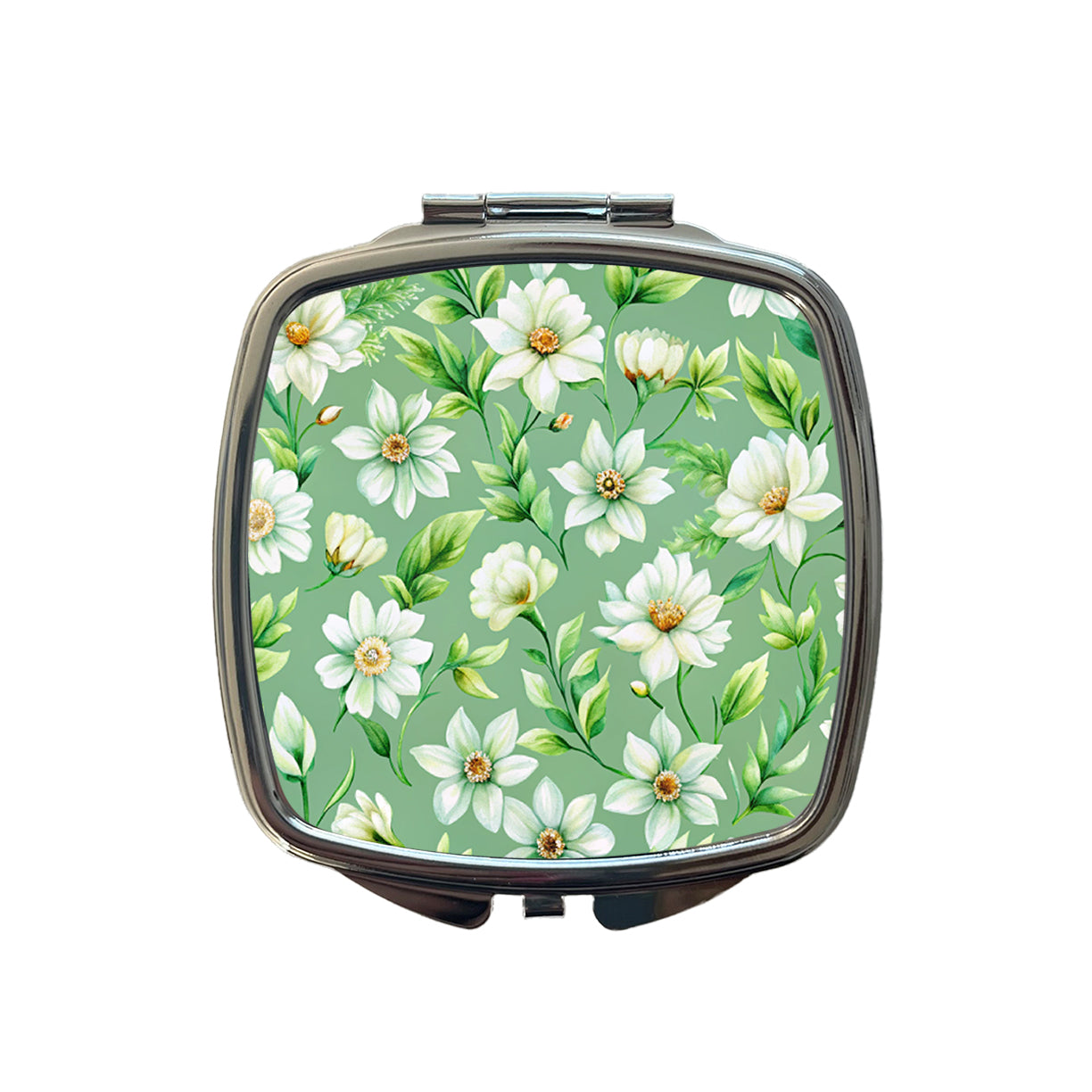 White Flowers Green Background Small Travel Purse Handbag Pocket Makeup Compact Mirror