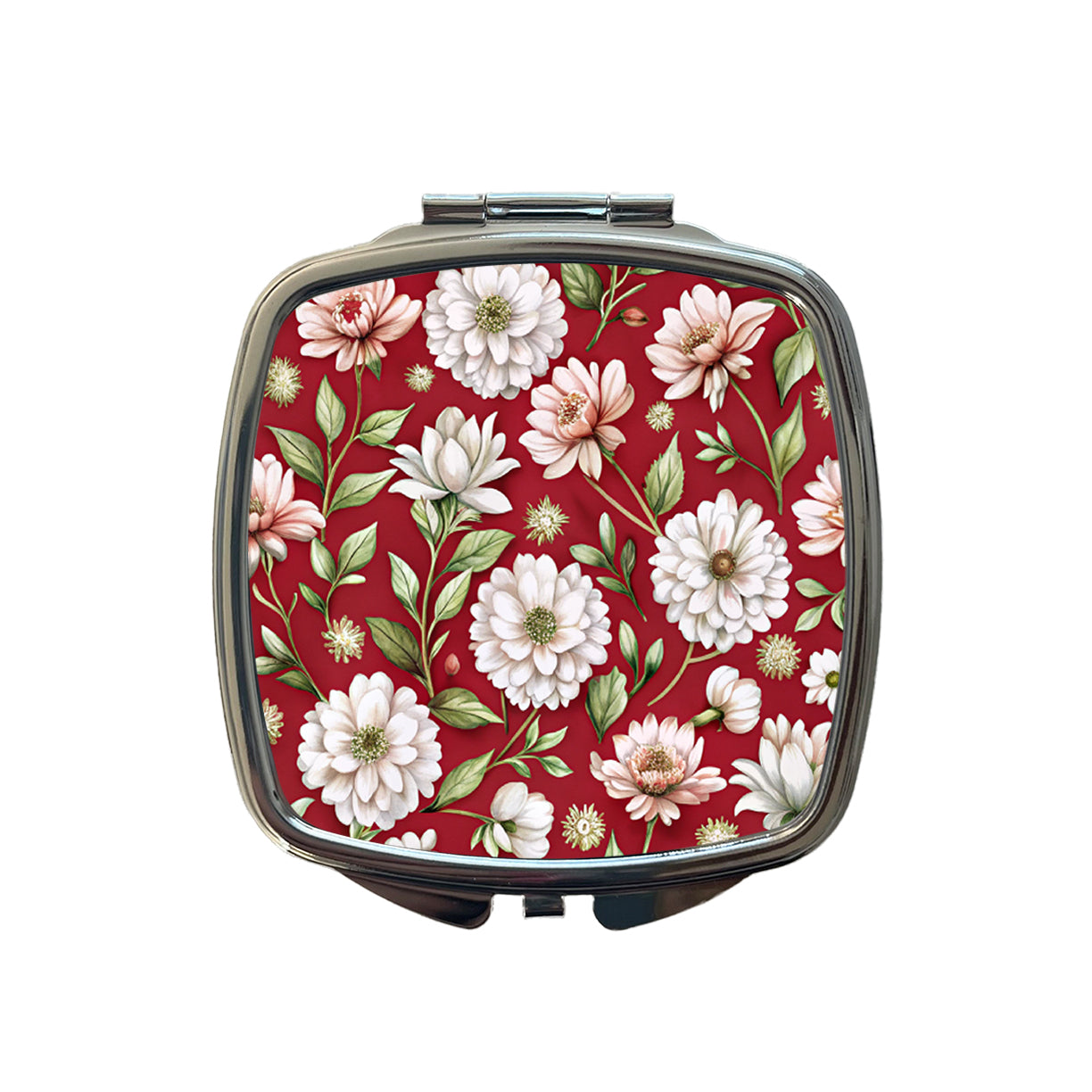White Flowers Red Background Small Travel Purse Handbag Pocket Makeup Compact Mirror