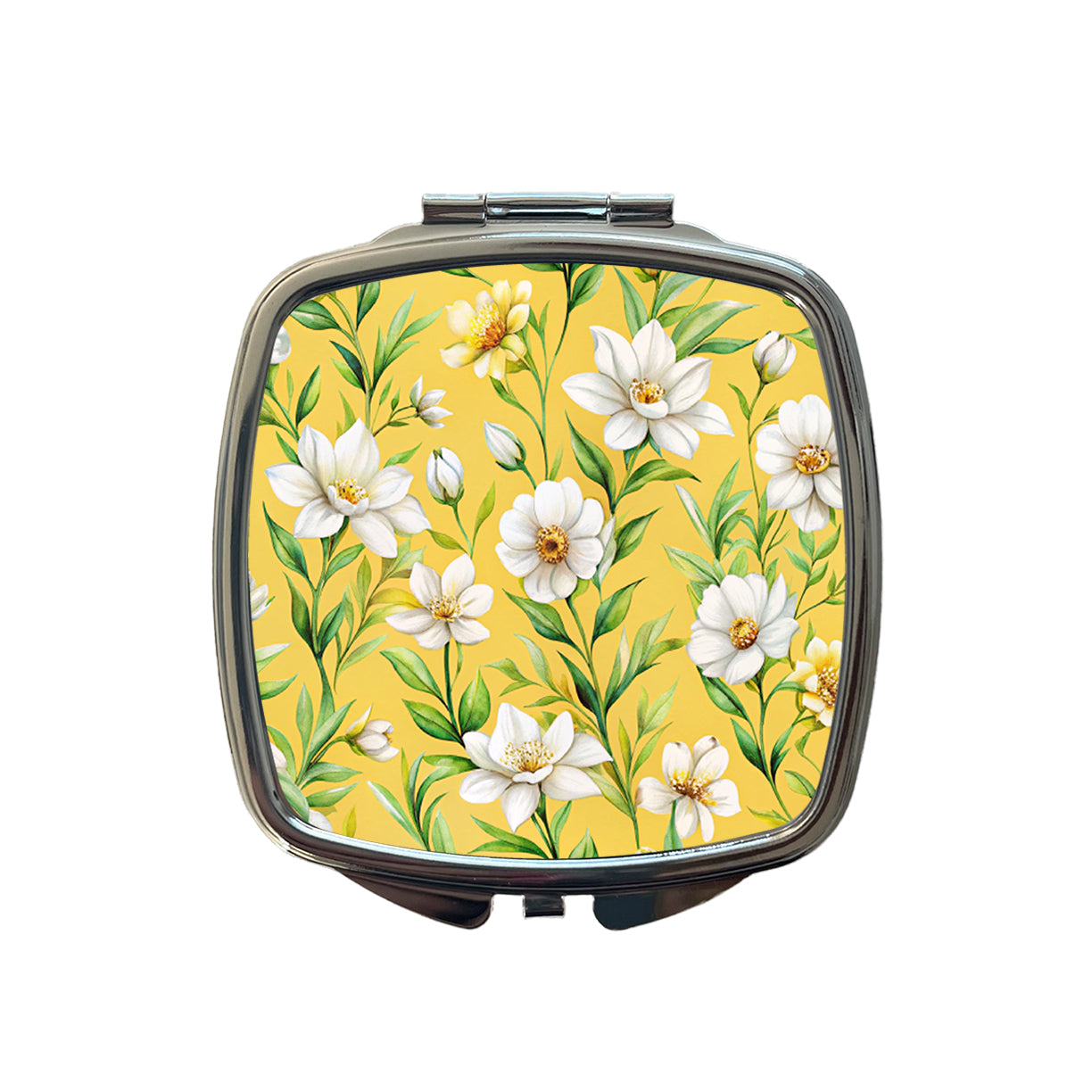 White Flowers Yellow Background Small Travel Purse Handbag Pocket Makeup Compact Mirror