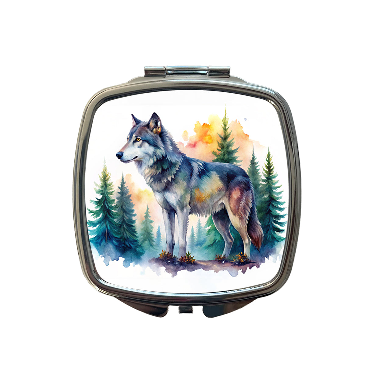 Wolf In Forest Watercolor Design Small Travel Purse Handbag Pocket Makeup Compact Mirror