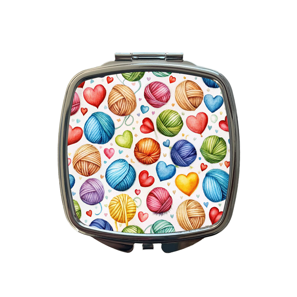 Yarn Knitting Crochet Balls Hearts Watercolor Small Travel Purse Handbag Pocket Makeup Compact Mirror