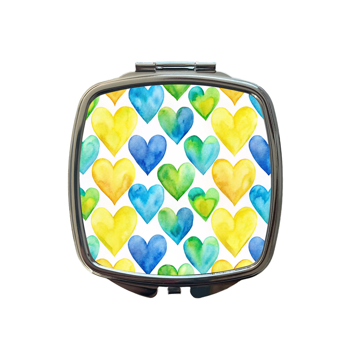 Yellow Blue Green Hearts Watercolor Small Travel Purse Handbag Pocket Makeup Compact Mirror