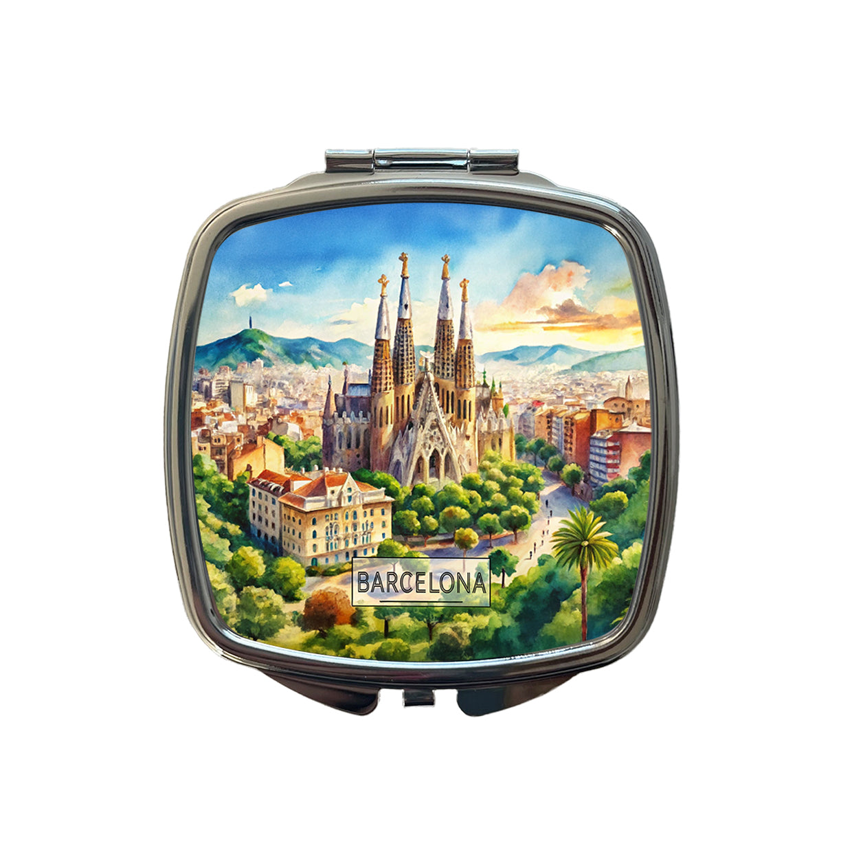 Barcelona Spain Travel City Watercolor Small Travel Purse Handbag Pocket Makeup Compact Mirror