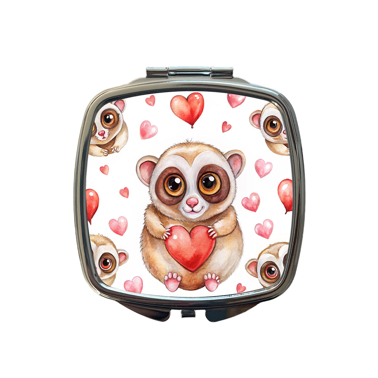 Chibi Slow Loris And Hearts Watercolor Small Travel Purse Handbag Pocket Makeup Compact Mirror