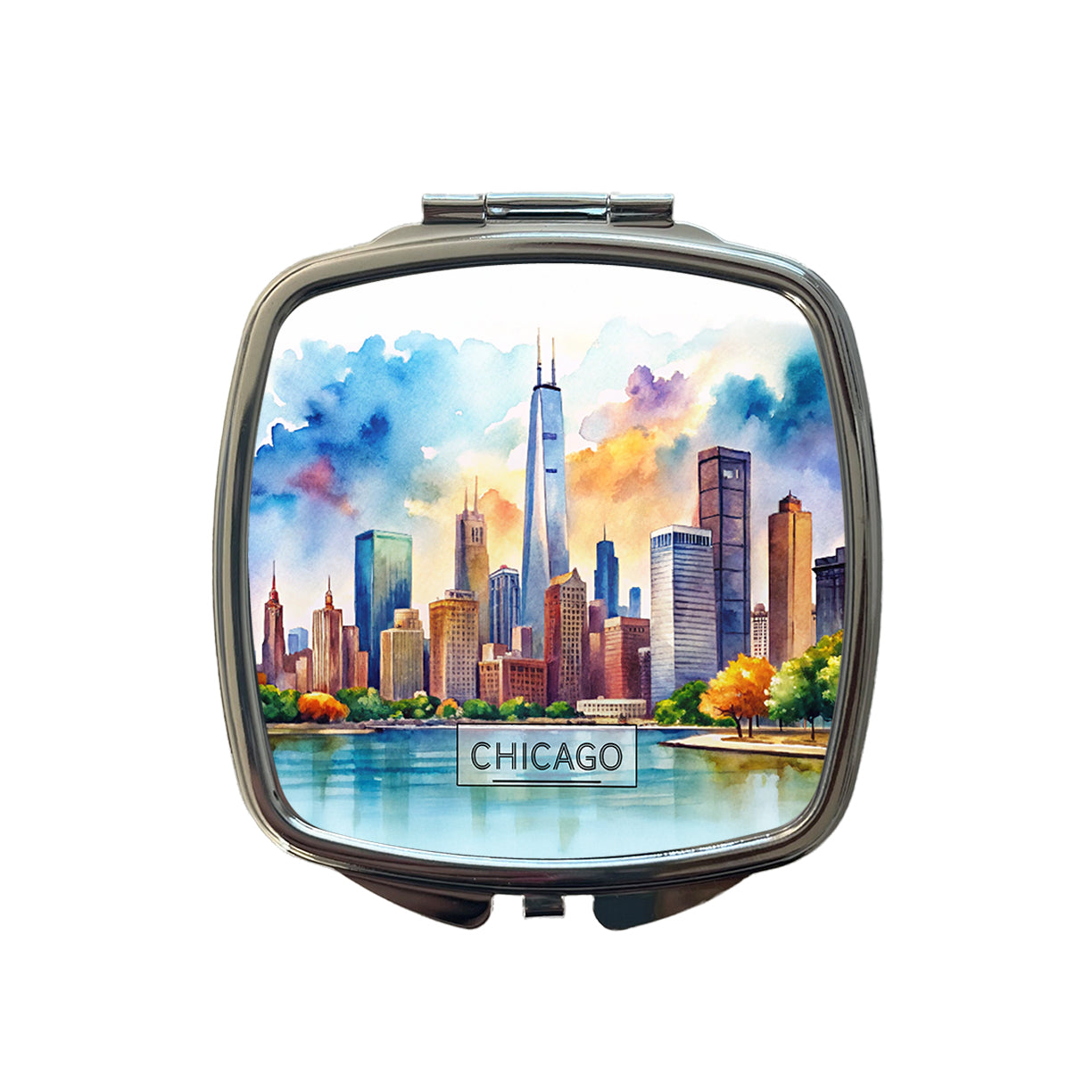 Chicago Illinois Travel City Watercolor Small Travel Purse Handbag Pocket Makeup Compact Mirror