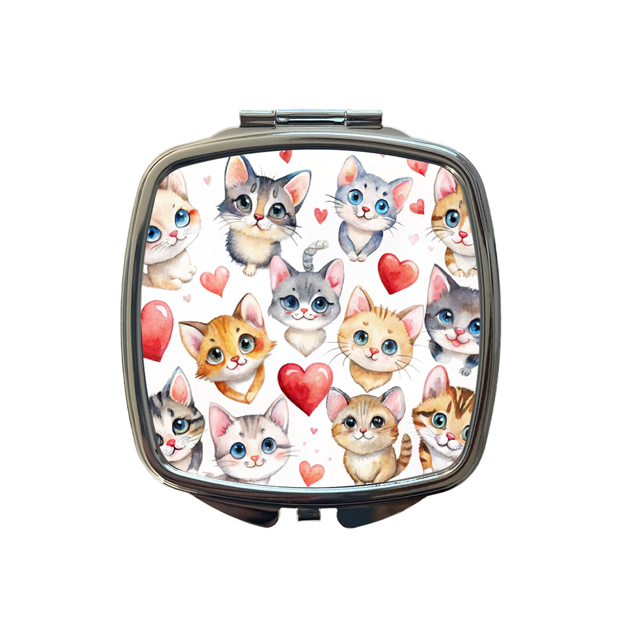 Cute Fun Cats Hearts Watercolor Small Travel Purse Handbag Pocket Makeup Compact Mirror