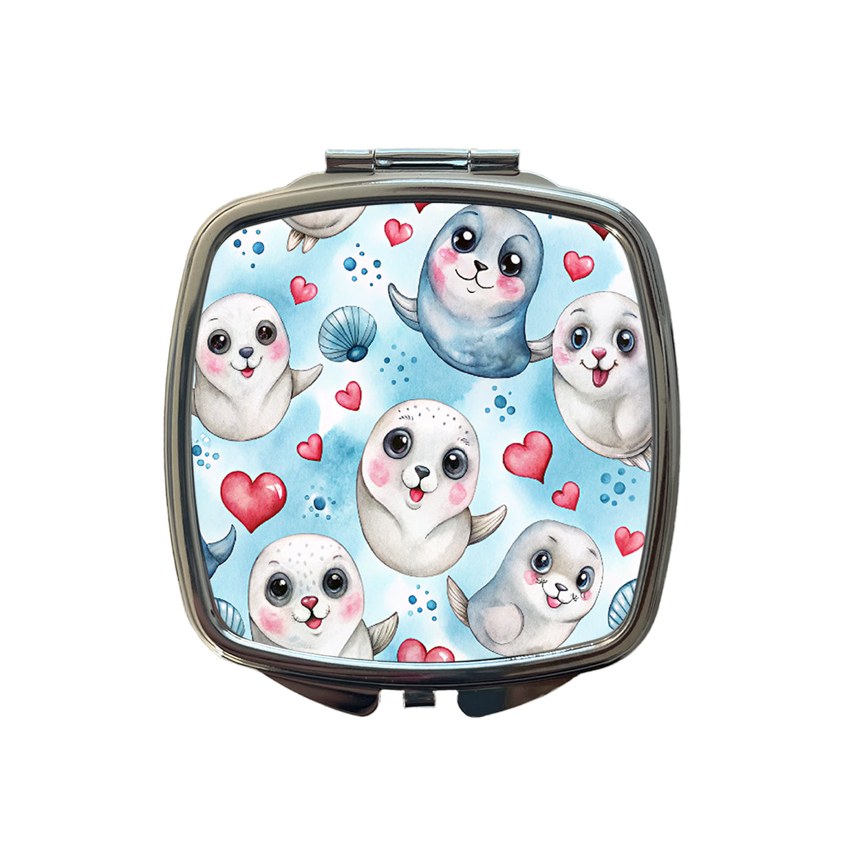 Cute Harp Seals And Hearts Watercolor Small Travel Purse Handbag Pocket Makeup Compact Mirror