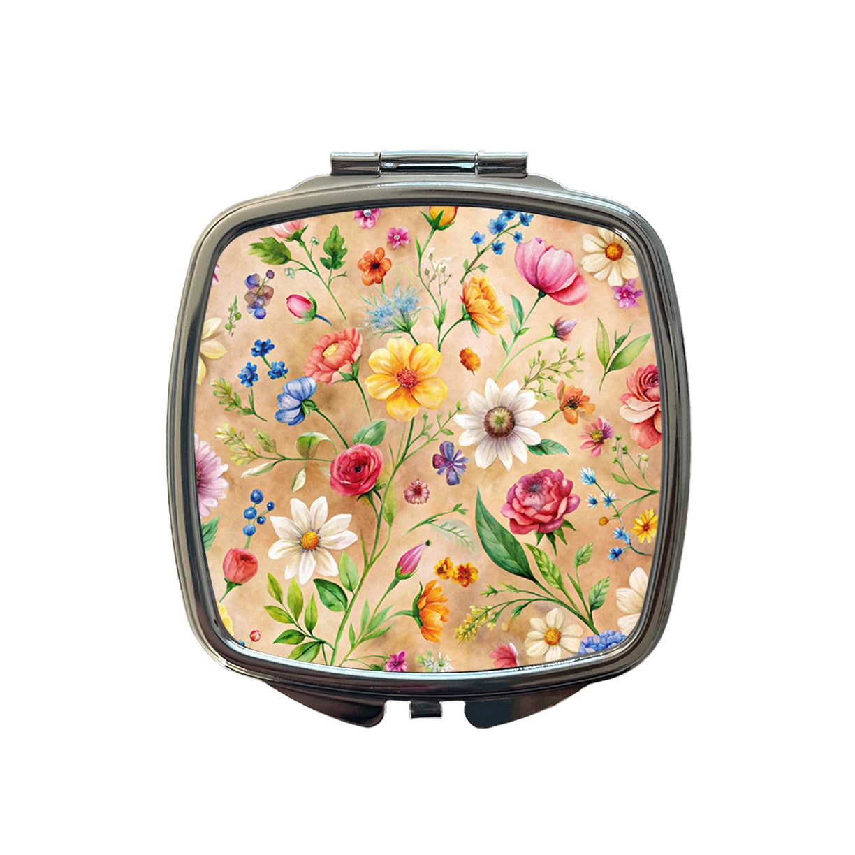 Flowers Tan Background Watercolor Small Travel Purse Handbag Pocket Makeup Compact Mirror