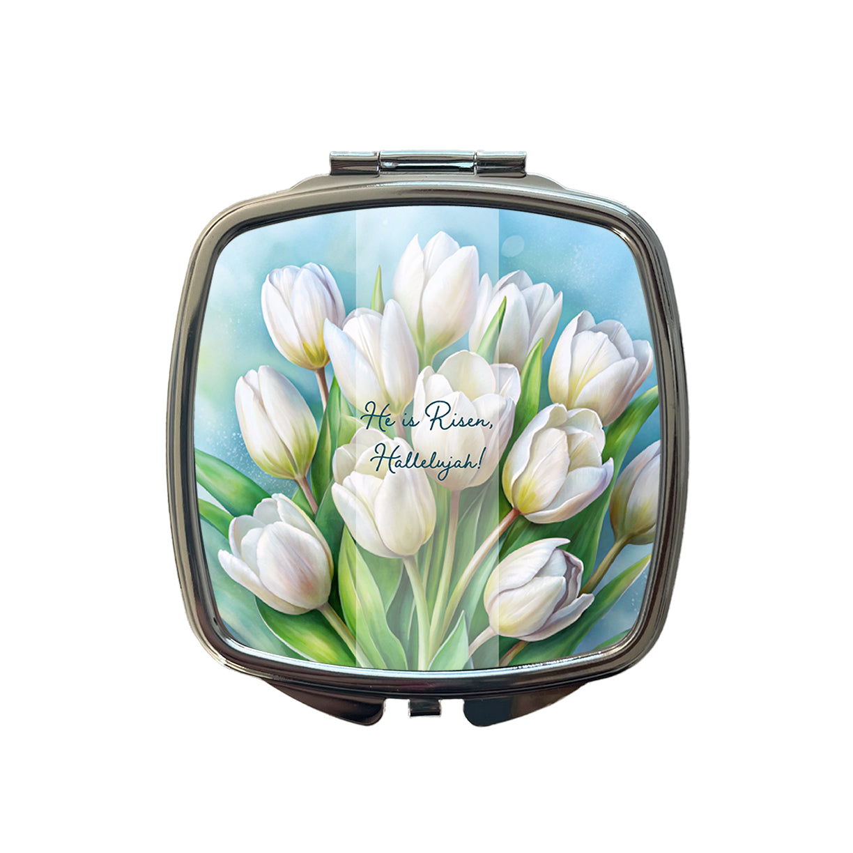 He Is Risen Hallelujah Easter Christian White Tulips Flowers Small Travel Purse Handbag Pocket Makeup Compact Mirror