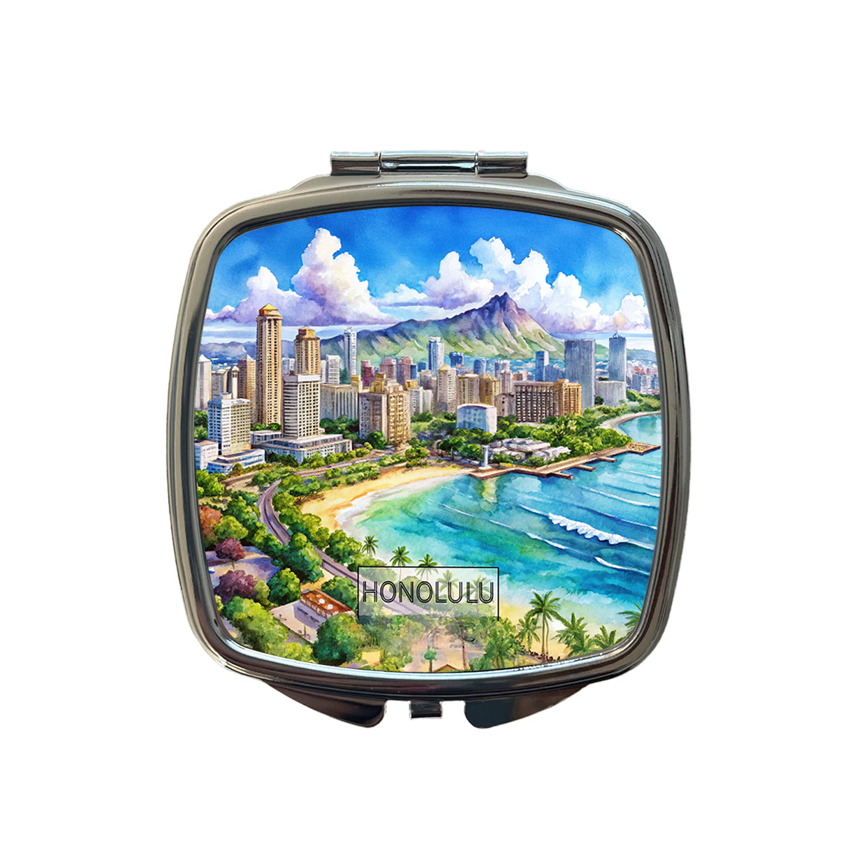 Honolulu Hawaii Travel City Watercolor Small Travel Purse Handbag Pocket Makeup Compact Mirror