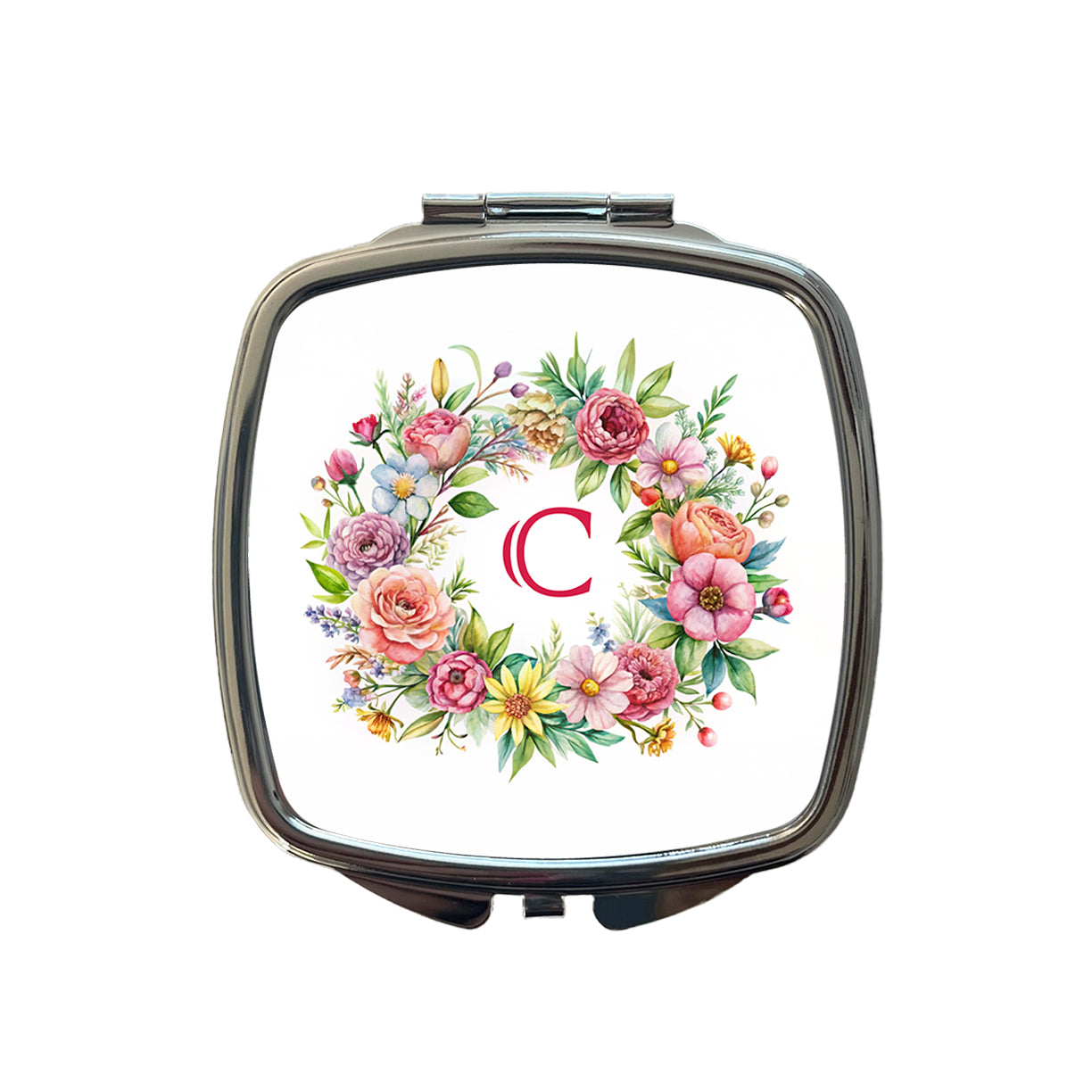Letter C Initial Monogram Flowers Floral Small Travel Purse Handbag Pocket Makeup Compact Mirror