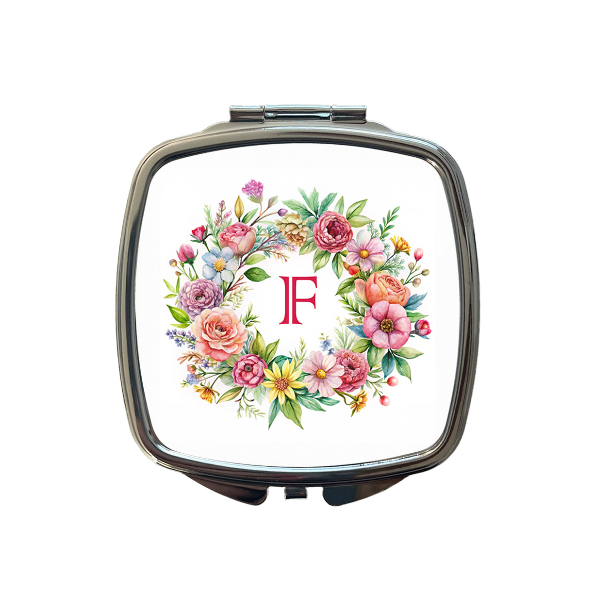 Letter F Initial Monogram Flowers Floral Small Travel Purse Handbag Pocket Makeup Compact Mirror