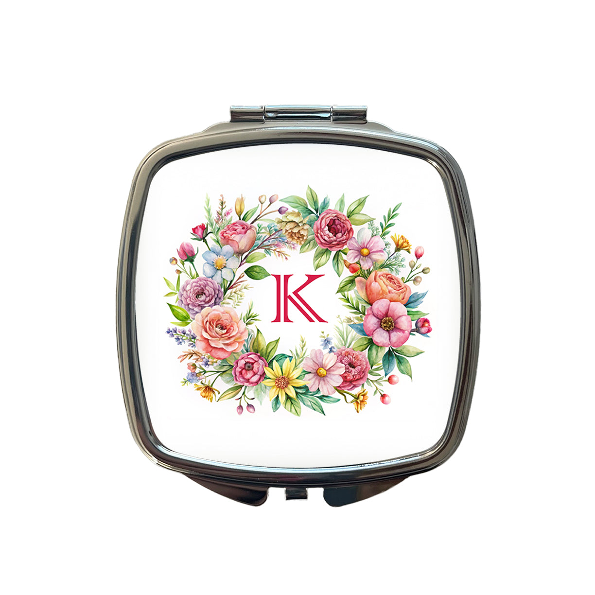 Letter K Initial Monogram Flowers Floral Small Travel Purse Handbag Pocket Makeup Compact Mirror