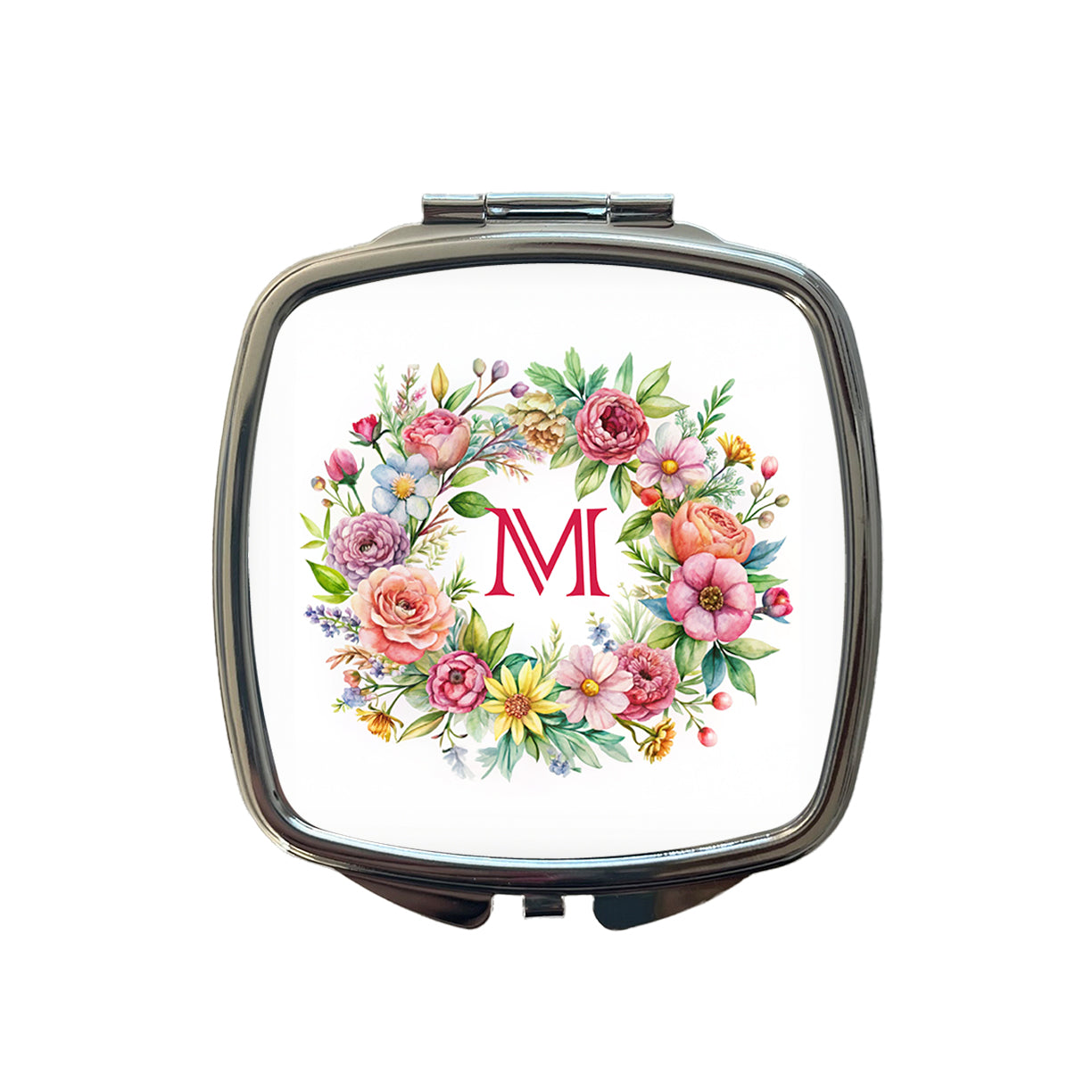 Letter M Initial Monogram Flowers Floral Small Travel Purse Handbag Pocket Makeup Compact Mirror