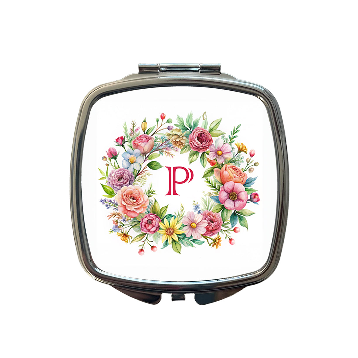 Letter P Initial Monogram Flowers Floral Small Travel Purse Handbag Pocket Makeup Compact Mirror