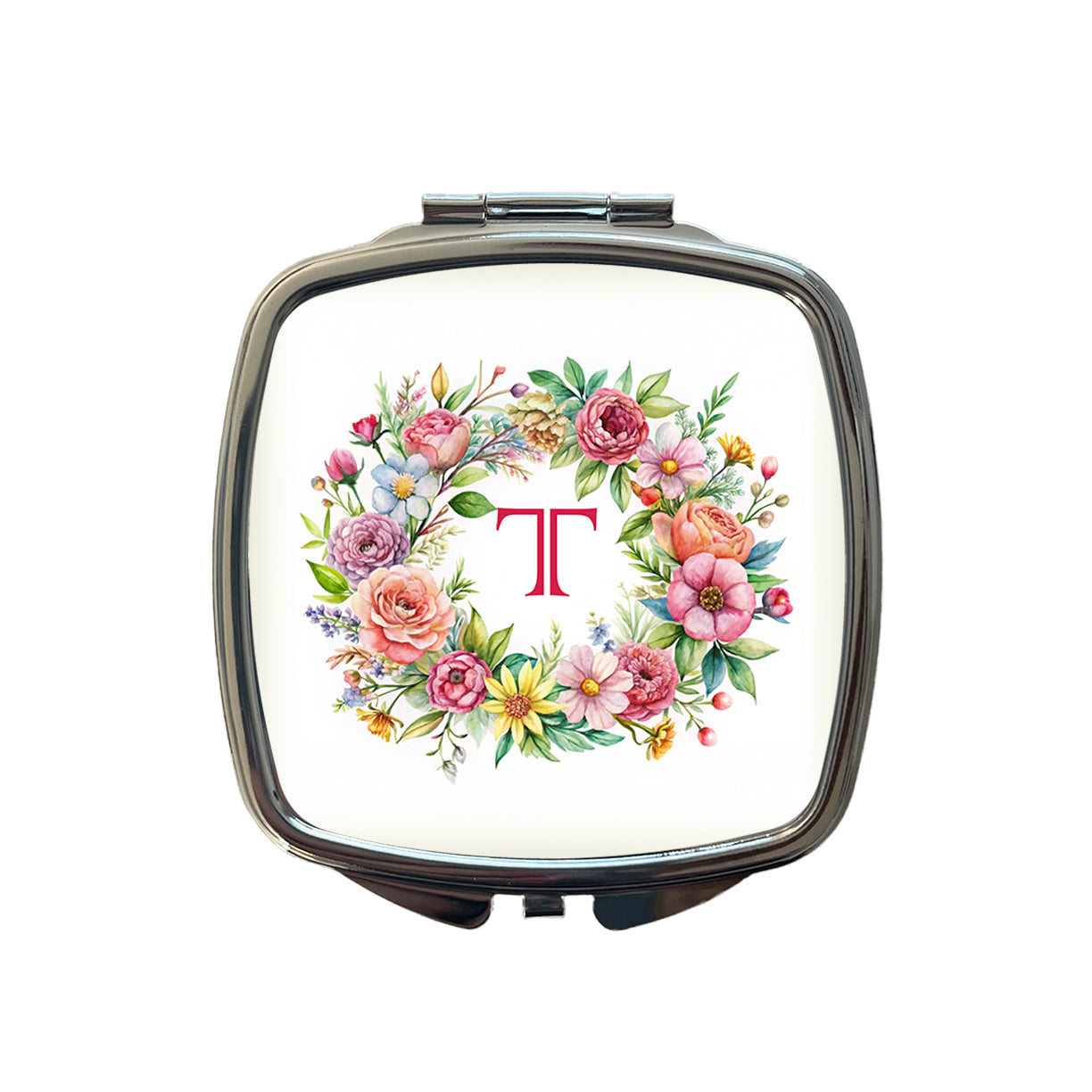 Letter T Initial Monogram Flowers Floral Small Travel Purse Handbag Pocket Makeup Compact Mirror