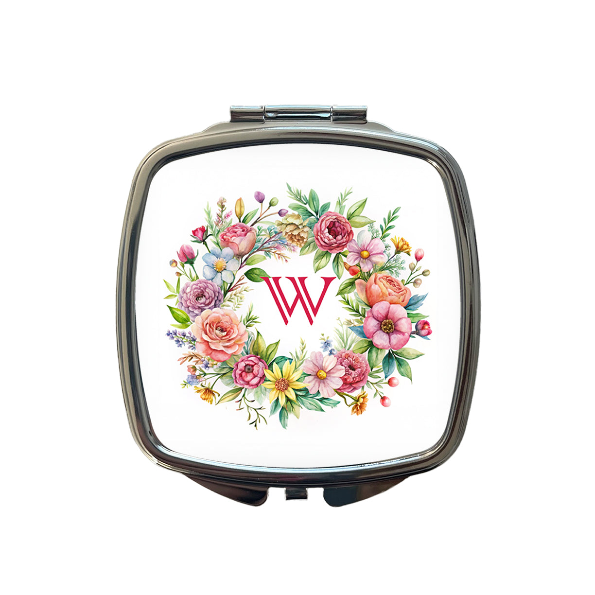 Letter W Initial Monogram Flowers Floral Small Travel Purse Handbag Pocket Makeup Compact Mirror