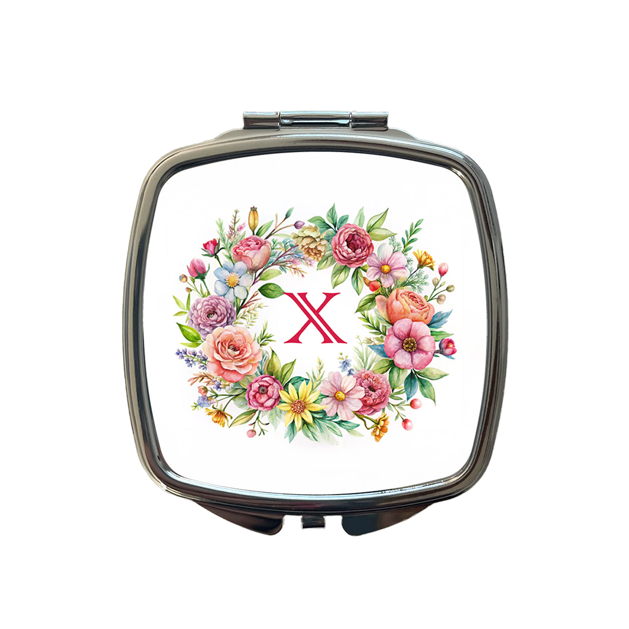 Letter X Initial Monogram Flowers Floral Small Travel Purse Handbag Pocket Makeup Compact Mirror